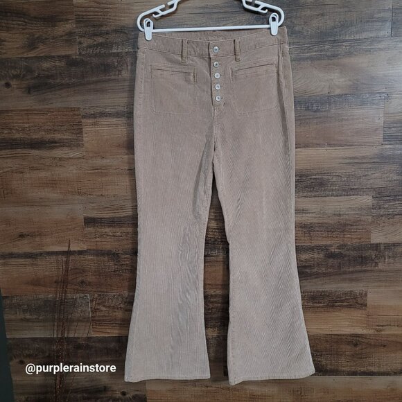 American Eagle Corduroy Jeans 14 Super Hi Rise Flare Button Fly Stretch Beige - Picture 1 of 12
